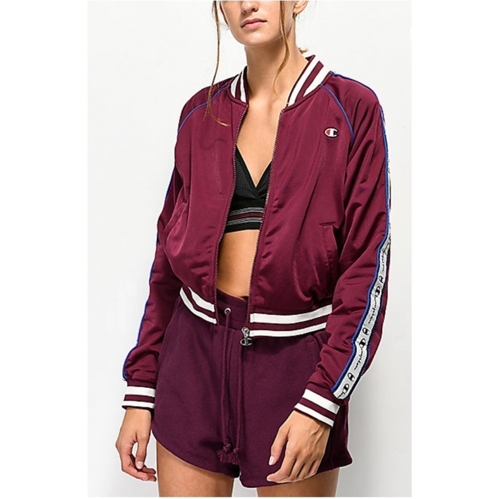 Champion Life Zip Up Cropped Taped Track Jacket Dark Berry Purple Maroon, Small